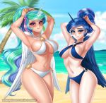  2019 5_fingers alternate_species beach bikini blue_eyes blue_hair blush breasts clothed clothing cloud digital_media_(artwork) duo eyelashes eyeshadow feathered_wings feathers female fingers friendship_is_magic hair horn horned_humanoid humanoid humanoidized long_hair looking_at_viewer makeup multicolored_hair my_little_pony navel not_furry outside palm_tree princess_celestia_(mlp) princess_luna_(mlp) purple_eyes racoon-kun seaside sibling sister sisters sky smile swimwear text tree url winged_humanoid wings 