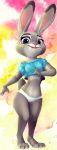  2017 abstract_background anthro barefoot claws clothed clothing crop_top dipstick_ears disney female fur grey_body grey_fur hi_res judy_hopps lagomorph leporid looking_at_viewer mammal multicolored_ears navel panties pencils_(artist) pink_nose purple_eyes rabbit scut_tail shirt smile solo standing toe_claws topwear underwear zootopia 