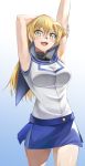  1girl :d arm_up armpits belt blonde_hair blue_background blue_belt blue_skirt breasts cowboy_shot dress_shirt gradient gradient_background hair_between_eyes highres long_hair medium_breasts miniskirt open_mouth rourou_ill shiny shiny_hair shiny_skin shirt skirt sleeveless sleeveless_shirt smile solo standing straight_hair tenjouin_asuka turtleneck very_long_hair white_background white_shirt yellow_eyes yuu-gi-ou yuu-gi-ou_gx 