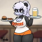  2019 absurd_res anthro big_breasts black_body black_fur breasts clothed clothing dolly_may female fur giant_panda hi_res hooters huge_breasts mammal mando smile thick_thighs ursid white_body white_fur 