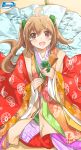  1girl ahoge bow brown_eyes brown_hair fan from_above green_bow hair_bow hair_ornament hairclip highres inoue_sora japanese_clothes kimono long_hair looking_at_viewer looking_up midori-chan_(myslot) myslot open_mouth seiza sitting smile solo tatami two_side_up 