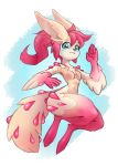  anthro big_ears blue_eyes blue_nose blush breasts digitigrade featureless_breasts female frolique_(proxicute) fur gesture hair hi_res jumping midair nude pink_body pink_fur pink_hair proxicute simple_background smile solo tan_body tan_fur thick_thighs unknown_species waving 