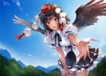  1girl :d bangs belt black_belt black_hair black_neckwear black_ribbon black_skirt black_wings blue_sky blush breasts cloud commentary_request cowboy_shot day eyebrows_visible_through_hair feathered_wings hat leaning_forward looking_at_viewer matsuda_(matsukichi) medium_breasts miniskirt mountain neck_ribbon open_mouth outdoors petticoat pleated_skirt pom_pom_(clothes) puffy_short_sleeves puffy_sleeves reaching_out red_eyes ribbon shameimaru_aya shirt short_hair short_sleeves skirt sky smile solo standing tassel tokin_hat touhou white_shirt wings 