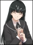  1girl amagami ayatsuji_tsukasa bangs black_hair black_jacket black_neckwear black_sailor_collar blazer blunt_bangs closed_eyes closed_mouth collared_shirt dress_shirt eyebrows_visible_through_hair facial facing_viewer handjob jacket long_hair mobu open_blazer open_clothes open_jacket penis sailor_collar shiny shiny_hair shirt smile straight_hair upper_body very_long_hair white_shirt wing_collar 