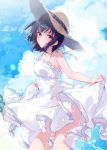  1girl :d bangs bare_arms bare_shoulders black_hair breasts cloud cloudy_sky collarbone commentary cowboy_shot day dress floating_hair from_side grin hat highres looking_at_viewer looking_to_the_side medium_breasts medium_hair open_mouth original outdoors purple_eyes skirt_hold sky sleeveless sleeveless_dress smile solo strap_gap straw_hat sun_hat sundress tareme teeth thighs u35 water_drop wind 