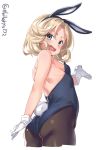  1girl alternate_costume animal_ears aqua_eyes bare_shoulders blonde_hair blue_leotard bunny_ears bunny_girl bunny_tail bunnysuit ebifurya fake_animal_ears from_behind gloves highres jervis_(kantai_collection) kantai_collection leotard open_mouth pantyhose solo standing strapless strapless_leotard tail twitter_username white_gloves wrist_cuffs 