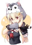  1girl black_ribbon black_scarf black_serafuku blonde_hair commentary_request fang gloves hair_flaps hair_ornament hairclip highres kantai_collection long_hair looking_at_viewer minosu neckerchief open_mouth paw_gloves paws red_eyes red_neckwear remodel_(kantai_collection) ribbon scarf school_uniform serafuku solo translation_request two-tone_background upper_body white_background wolf_hood yuudachi_(kantai_collection) 