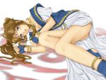  1girl aa_megami-sama anklet antenna_hair bangle belldandy blonde_hair blue_eyes blue_gloves blush bracelet breasts cleavage facial_mark fingerless_gloves fukuro_ooji gloves graphite_(medium) jewelry lying necklace on_side solo thighs traditional_media 