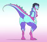  2019 anthro anus black_hair breasts butt dinosaur female hair implied_transformation koopacap looking_back multicolored_body nipples nude pussy rear_view reptile scalie solo spikes standing theropod tongue tongue_out tyrannosaurid tyrannosaurus tyrannosaurus_rex 