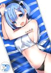  1girl arms_up bare_shoulders black_bikini_bottom blue_eyes blue_hair breasts commentary_request covered_nipples crop_top cursive hair_ornament hairband hammock highres jewelry large_breasts looking_at_viewer lying navel on_side open_mouth re:zero_kara_hajimeru_isekai_seikatsu rem_(re:zero) ring shirt short_hair sideboob sleeveless sleeveless_shirt slumcat solo stomach tattoo white_background white_shirt x_hair_ornament 