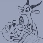  2019 ambiguous_gender antelope anthro bed bedding blanket bodily_fluids bovid chico_(fuel) clothed clothing dik-dik drooling duo english_text eyes_closed facial_markings fire fuel_(artist) furniture gazelle grey_background greyscale head_markings head_tuft holding_object horn lighter lying mammal markings marshmallow monochrome on_bed on_side pillow saliva scanless_(character) shirt simple_background sleeping spray_can t-shirt text topwear true_antelope tuft under_covers 