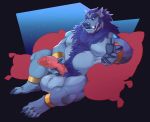  2019 anthro balls big_balls big_penis blue_body blue_eyes blue_fur blue_hair claws druid fangs fur hair holding_penis igiveyoulemons looking_at_viewer magic_user male mammal markings musclegut muscular muscular_male nude pecs penis pillow presenting presenting_penis sitting solo tattoo toe_claws tribal_spellcaster ursid vein veiny_penis 