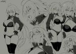  1girl absurdres ahoge bangs bikini black_bikini black_jacket blush breasts choker cleavage closed_mouth cropped_jacket fate/grand_order fate_(series) gloves grey_background hand_on_hip highres huge_breasts jacket jeanne_d&#039;arc_(alter_swimsuit_berserker) jeanne_d&#039;arc_(fate)_(all) lineart long_hair looking_at_viewer multiple_views o-ring o-ring_bikini open_mouth shrug_(clothing) simple_background swimsuit thighhighs thighs try very_long_hair 