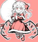  1girl absurdres alternate_costume alternate_headwear bangs bell boots bow capelet carrying christmas_ornaments commentary fang flandre_scarlet fur-trimmed_boots fur-trimmed_capelet fur-trimmed_dress fur-trimmed_gloves fur-trimmed_hat fur-trimmed_sleeves fur_trim gift_bag gloves hair_between_eyes hair_bow hands_up happy hat highres holding holding_sack jumping oninamako open_mouth outline partially_colored pink_background pink_bow pink_ribbon pink_santa_costume pointy_ears red_capelet red_eyes red_footwear red_headwear ribbon sack santa_boots santa_costume santa_gloves santa_hat short_hair_with_long_locks slit_pupils solo touhou wing_ribbon 