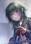  1girl blush earrings eyebrows_visible_through_hair green_eyes green_hair hair_between_eyes heart heart_earrings heterochromia highres jewelry kantai_collection kiso_(kantai_collection) looking_at_viewer looking_down neckerchief open_mouth remodel_(kantai_collection) ring school_uniform serafuku short_hair solo wedding_band yellow_eyes yuihira_asu 