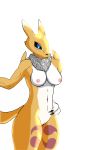  3_toes absurd_res anthro black_nose blue_eyes breasts canid canine claws digimon digimon_(species) female fox front_view fur gfount hi_res long_ears mammal multicolored_body neck_fur nipples pussy renamon simple_background solo solo_focus thick_thighs toes two_tone_body white_background white_body white_fur yellow_body yellow_fur 