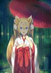  1girl :o animal_ears blonde_hair blue_eyes bow commentary_request cowboy_shot eyebrows_visible_through_hair fang forest fox_ears fox_girl fox_tail green_background hair_between_eyes hair_ribbon hakama hands_up holding holding_umbrella japanese_clothes kimono long_hair looking_at_viewer miko nature nazuka_(mikkamisaki) open_mouth oriental_umbrella original outdoors red_bow red_hakama red_ribbon ribbon shiny shiny_hair sidelocks solo standing tail tombstone twintails umbrella white_kimono white_ribbon wide_sleeves 