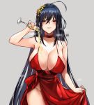  1girl ahoge alraco azur_lane bangs bare_shoulders black_hair blush breasts champagne_flute choker cleavage cocktail_dress collarbone commentary_request covered_nipples crossed_bangs cup dress dress_pull drinking_glass eyebrows_visible_through_hair grey_background hair_between_eyes hair_ornament heavy_breathing large_breasts long_hair looking_at_viewer no_panties parted_lips pouring_onto_self pulled_by_self red_choker red_dress red_eyes simple_background smile solo taihou_(azur_lane) taihou_(forbidden_feast)_(azur_lane) teeth thighs very_long_hair 