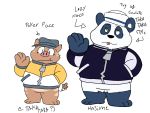  2019 absurd_res anthro bunnybara clothing duo english_text fur giant_panda hat headgear headwear hi_res mammal overweight simple_background suid suina sus_(pig) text tongue tongue_out ursid white_background white_body white_fur wild_boar 