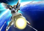  absurdres aiming atmospheric_reentry beam_rifle commentary_request earth energy_gun flying glowing glowing_eyes green_eyes gundam gundam_wing highres kumichou_(ef65-1118-ef81-95) mecha meteor missing_limb no_humans solo space weapon wing_gundam 