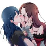  2girls armor blue_hair blush breasts brown_hair byleth_(fire_emblem) byleth_(fire_emblem)_(female) closed_eyes commentary dorothea_arnault dress fire_emblem fire_emblem:_three_houses green_eyes hands_on_another&#039;s_face lips long_hair medium_hair multiple_girls negom open_eyes red_dress simple_background sweat white_background yuri 