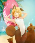  1girl animal_ears arms_behind_back beach black_legwear blonde_hair bob_cut braid breasts cloud competition_swimsuit dog dog_ears dog_girl dog_tail erune eyebrows_visible_through_hair fang flower granblue_fantasy hair_flower hair_ornament highres hikimayu holding holding_innertube inflatable_toy innertube masato_(mirai_koubou) ocean one-piece_swimsuit open_mouth palm_tree pantyhose puppy short_hair small_breasts smile swimsuit tail thighs tree vajra_(granblue_fantasy) yellow_eyes 