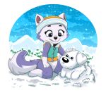  2019 anthro black_nose blue_eyes blush canid canine canis clothing collar diacordst_(artist) domestic_dog everest_(paw_patrol) female fluffy fluffy_tail fur furgonomics hand_on_thigh happy headgear headwear hi_res husky kneeling mammal navel nordic_sled_dog paw_patrol purple_body purple_fur sky snow snowing solo spitz tongue tongue_out topwear tree vest white_body white_fur young 