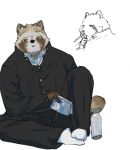  2019 7gaku_7 anthro bottomwear brown_body brown_fur canid canine clothing fur hi_res male mammal pants raccoon_dog shirt sitting solo tanuki topwear 