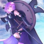  1girl arm_behind_head armor breasts commentary_request fate/grand_order fate_(series) faulds gauntlets hair_over_one_eye highres itaco1987 large_breasts looking_at_viewer mash_kyrielight parted_lips purple_eyes purple_hair sheath sheathed shield short_hair solo standing sword weapon 