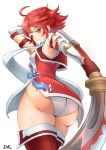  1girl ahoge arm_guards armor artist_name ass bangs boots breasts brown_eyes closed_mouth commentary_request deekei dress dutch_angle eyebrows_visible_through_hair fire_emblem fire_emblem_fates from_behind gloves highres hinoka_(fire_emblem) holding holding_weapon japanese_clothes lisp naginata panties polearm red_footwear red_hair scarf shiny shiny_hair shiny_skin short_dress short_hair signature simple_background sleeveless small_breasts smile solo spear thigh_boots thighhighs thighs underwear weapon white_background white_panties white_scarf 