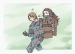  !! 1boy 1girl backpack bag bamboo bit_gag black_gloves black_hair blue_coat blue_pants box brown_hair chromatic_aberration commentary_request cowboy_shot crossover death_stranding english_commentary facial_hair forehead from_side gag gloves highres japanese_clothes kamado_nezuko kimetsu_no_yaiba kimono long_hair looking_at_another looking_down multicolored_hair obi pants parody pink_eyes pink_kimono pink_ribbon portuguese_commentary red_hair ribbon sam_porter_bridges sash signature simple_background spread_fingers twitter_username two-tone_hair vinycius_d_araujo 