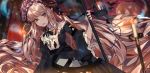  absurdly_long_hair absurdres arknights bangs black_dress black_eyes black_ribbon blonde_hair candle commentary_request dress eyebrows_visible_through_hair frills hat highres holding horns lamp long_hair looking_at_viewer messy_hair nightingale_(arknights) ribbon solo very_long_hair yan_ge 