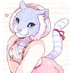 &lt;3 amu_(zyuohger) anthro blue_eyes blush bottomwear breasts clothed clothing doubutsu_sentai_zyuohger felid female fur giraffe_(artist) jacket japanese_text kemono leaning leaning_forward leucistic looking_at_viewer mammal pantherine pink_nose purple_body purple_fur ribbons skirt solo super_sentai tail_ribbon text text_background tiger topwear whiskers 