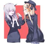  2girls abigail_williams_(fate/grand_order) bags_under_eyes bangs black_bow black_dress black_headwear blonde_hair blue_eyes blush bow bug butterfly commentary cropped_torso dress eye_contact eyebrows_visible_through_hair fate/grand_order fate_(series) feeding food hair_between_eyes hair_bow hands_up hat highres holding holding_food horns insect lavinia_whateley_(fate/grand_order) long_hair long_sleeves looking_at_another multiple_girls open_mouth orange_bow parted_bangs pocky pocky_day polka_dot polka_dot_bow profile purple_eyes red_background silver_hair sleeves_past_fingers sleeves_past_wrists two-tone_background upper_body usuaji very_long_hair white_background wide-eyed 