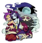  2017 annoyed arachnid arthropod bonelegs breasts clothing duo ear_piercing ear_ring eye_contact female full_moon genie hair hand_holding hug humanoid humanoid_pointy_ears long_hair looking_at_another moon night open_mouth piercing ponytail purple_hair shantae shantae_(series) signature smile smoke video_games wayforward white-stew 