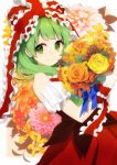  1girl bangs bare_shoulders blue_ribbon blunt_bangs bouquet bow closed_mouth commentary_request cowboy_shot detached_sleeves dress eyebrows_visible_through_hair flower flower_request frilled_bow frilled_sleeves frills from_side green_eyes green_hair hair_bow highres holding holding_bouquet kagiyama_hina leaf long_hair looking_at_viewer looking_to_the_side nomu orange_flower orange_rose pinecone pink_flower red_bow red_dress ribbon rose short_sleeves smile solo touhou yellow_flower yellow_rose 