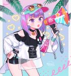  1girl bracelet choker eyewear_on_headwear fate/grand_order fate_(series) hand_on_hip helena_blavatsky_(fate/grand_order) heroic_spirit_festival_outfit jewelry megaphone purple_eyes purple_hair sara_(kurome1127) shorts sunglasses visor_cap 