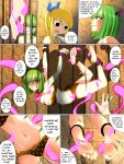  2girls absurdres background ball_gag barefoot bars bdsm belly bikini blonde_hair blush bondage bound bra brandish_mew breasts chain cuffs fairy_tail feathers feet gag green_eyes green_hair highres interrogation large_breasts lucy_heartfilia magic multiple_girls numbery panties prisoner shackles shadow smile speech_bubble suspension sweat swimsuit tagme tickle_torture tickling underwear ungagged 