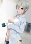  1girl bangs black_panties blush breasts collarbone collared_shirt commentary_request cup dress_shirt eyebrows_visible_through_hair grey_eyes grey_hair hair_between_eyes highres holding holding_cup idolmaster idolmaster_cinderella_girls large_breasts long_sleeves looking_at_viewer navel no_bra no_pants open_clothes open_mouth open_shirt panties parted_bangs revision ryuu. shiomi_syuko shirt short_hair smile solo underwear white_shirt 