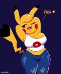  2019 anthro blonde_hair bottomwear breasts cleavage cleft_tail clothed clothing cosplay_pikachu_(character) digital_media_(artwork) dipstick_ears dipstick_tail fan_character female hair hands_behind_head hi_res jeans joaoppereiraus kanna_(joaoppereiraus) looking_at_viewer mammal midriff multicolored_ears multicolored_tail nintendo one_eye_closed open_mouth open_smile pants pikachu pok&eacute;mon pok&eacute;mon_(species) pok&eacute;morph rodent shirt simple_background smile solo tank_top text topwear video_games wink 