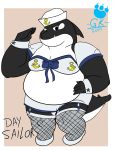  2019 absurd_res anthro black_body bottomwear bunnybara cetacean clothing delphinoid hat headgear headwear hi_res mammal marine oceanic_dolphin orca overweight shorts solo text toothed_whale white_body 