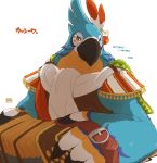  2018 accordion avian beak bird blush breath_of_the_wild clothed clothing feathers giraffe_(artist) hi_res japanese_text kass_(tloz) looking_at_viewer male multicolored_body multicolored_feathers muscular muscular_male musical_instrument nintendo orange_eyes rito simple_background smile solo text the_legend_of_zelda translated video_games white_background 