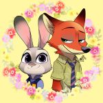  anthro black_nose canid canine cheek_tuft clothed clothing dipstick_ears disney duo face_tuft flower fox fur green_kco grey_body grey_fur inner_ear_fluff judy_hopps mammal multicolored_ears neck_tuft necktie nick_wilde orange_body orange_fur pink_nose plant police_uniform purple_eyes red_fox shirt simple_background smile topwear tuft uniform yellow_background zootopia 