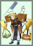  1girl black_footwear blonde_hair blue_eyes borrowed_character box bucket daoine_(heireann) drawer flag food full_body hat lantern looking_at_viewer mechanical_arm medium_hair original pen rice_hat simple_background solo standing 