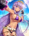  1girl :q armpits bangs bare_shoulders bb_(fate)_(all) bb_(swimsuit_mooncancer)_(fate) beach bead_bracelet beads belt belt_buckle bikini black_gloves black_shorts blurry blurry_foreground bracelet breasts buckle cleavage closed_mouth cloud cowboy_shot day depth_of_field eyebrows_visible_through_hair fate/grand_order fate_(series) fingerless_gloves garter_straps gloves hair_ornament hair_ribbon hammerman_benkei jewelry large_breasts lens_flare long_hair looking_at_viewer nail_polish navel ocean open_clothes open_fly open_shorts outdoors outstretched_arm purple_bikini purple_eyes purple_hair purple_nails purple_ribbon ribbon self_shot short_shorts shorts skindentation smile solo star star_hair_ornament stomach straight_hair sun swimsuit thigh_strap thong tongue tongue_out uniform v v-shaped_eyebrows very_long_hair water 