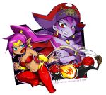  2017 bandanna blue_eyes breasts clothing ear_piercing ear_ring female fire genie group hair hi_res human humanoid humanoid_pointy_ears long_hair male mammal melee_weapon not_furry open_mouth piercing pirate_hat ponytail purple_hair red_eyes risky_boots shantae shantae_(series) smile sword text tinkerbat url video_games wayforward weapon white-stew 