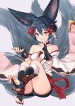  1girl animal_ears blue_hair erune fox_ears fox_girl fox_tail granblue_fantasy hair_between_eyes hair_ornament keima_ron large_tail multiple_tails navel off_shoulder red_eyes short_hair smile tail you_(granblue_fantasy) 