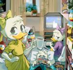  accessory anatid anseriform april_duck avian beverage bird blush clothing comic_book comic_books darkwing_duck disney donald_duck dress duck ducktales ducktales_(2017) female fethry_duck flower gaming hair_accessory hair_ribbon hand_on_hip hi_res june_duck looking_at_viewer looking_back may_duck pizdecsuqa plant plushie ribbons scrooge_mcduck television tongue tongue_out video_games 