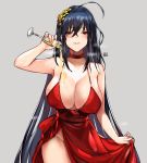  1girl ahoge alraco azur_lane bangs bare_shoulders black_hair blush breasts champagne_flute choker cleavage cocktail_dress collarbone commentary_request covered_nipples crossed_bangs cup dress dress_pull drinking_glass eyebrows_visible_through_hair grey_background hair_between_eyes hair_ornament heavy_breathing large_breasts long_hair looking_at_viewer no_panties parted_lips pouring_onto_self pulled_by_self red_choker red_dress red_eyes simple_background smile solo taihou_(azur_lane) taihou_(forbidden_feast)_(azur_lane) taihou_(kantai_collection) teeth thighs very_long_hair 