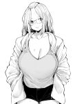 1girl breasts casual cleavage collarbone doodle folded_hair glasses greyscale hair_pulled_back hands_in_pockets highres inne_sulistya_robin jacket large_breasts long_hair looking_at_viewer monochrome norman_maggot open_clothes open_jacket original short_shorts shorts standing thighs 